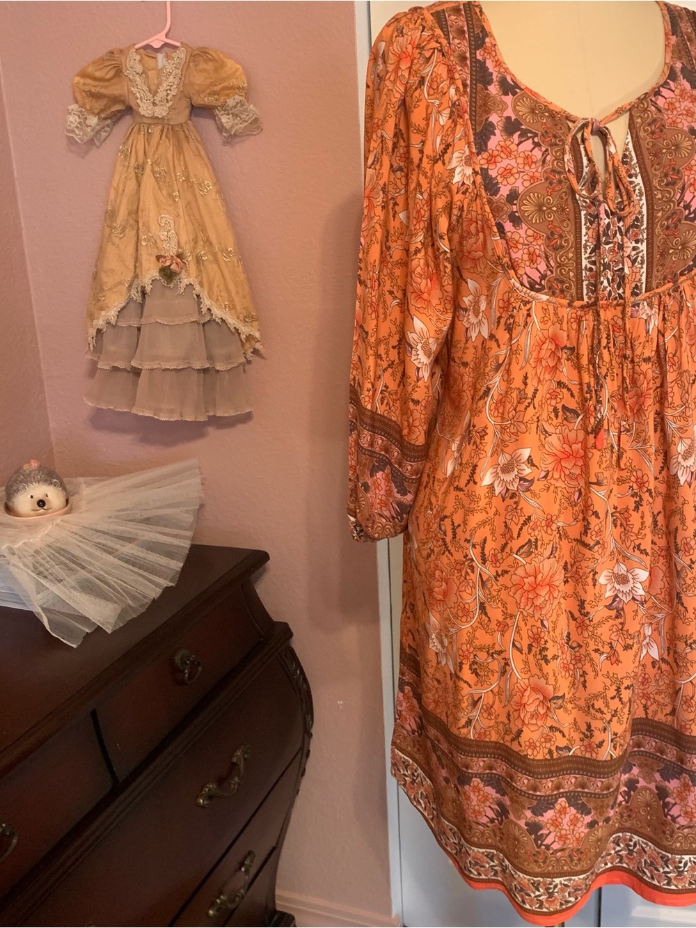 BLUETIME Women's Orange Floral Long Sleeve Boho Dress